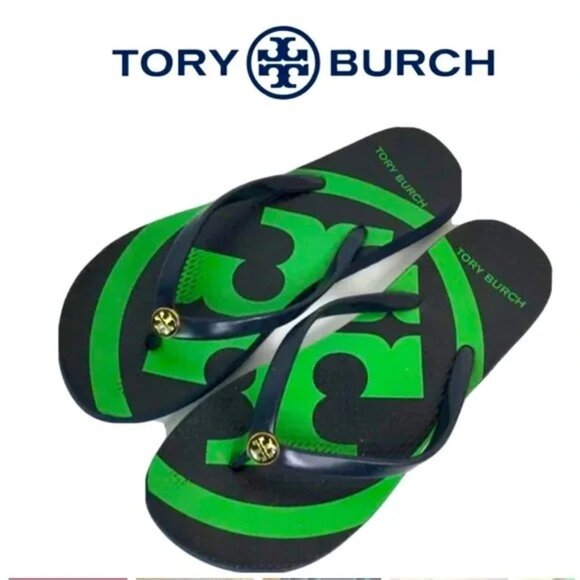 Tory Burch Emory Flip Flops - Like New ~ Tory Navy/Court Green~ Women's Size 10? - Picture 3 of 9